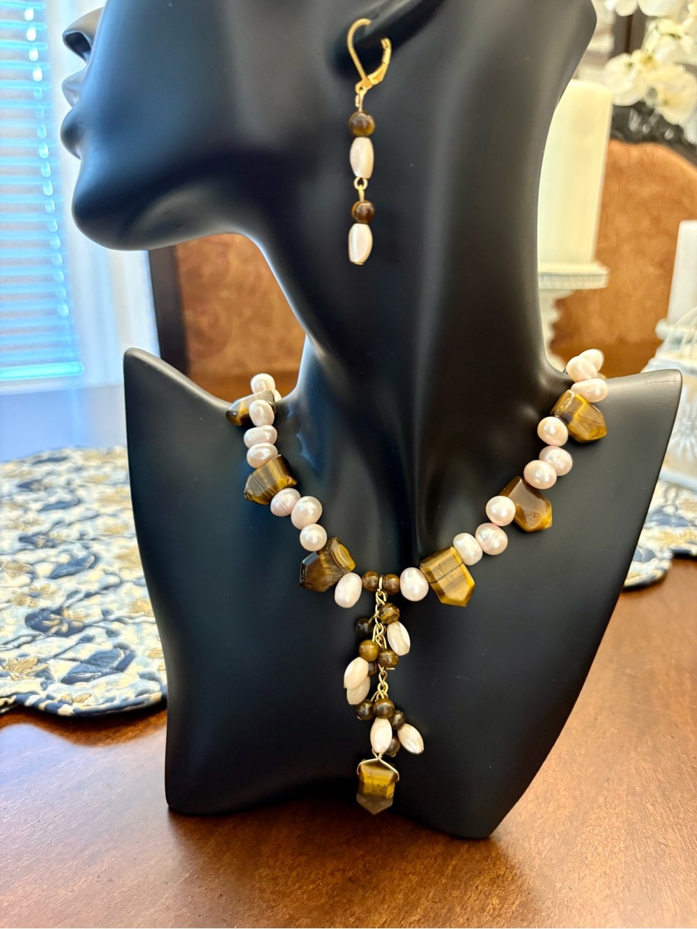 Pearl and Tiger Eye Drop Necklace in Brown and Cream